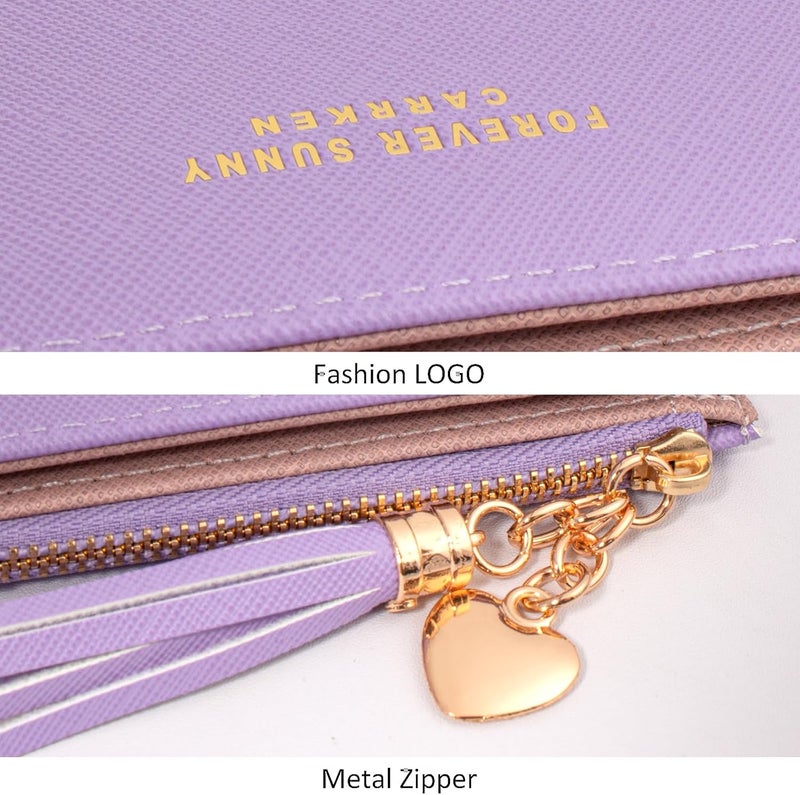 KOTORA Womens Small Wallet Girls Tiny Slim Wallets Pretty Mini Card Holder Thin Short Zip Coin Purse with Love Pendant and Tassels (Purple) - Image 4